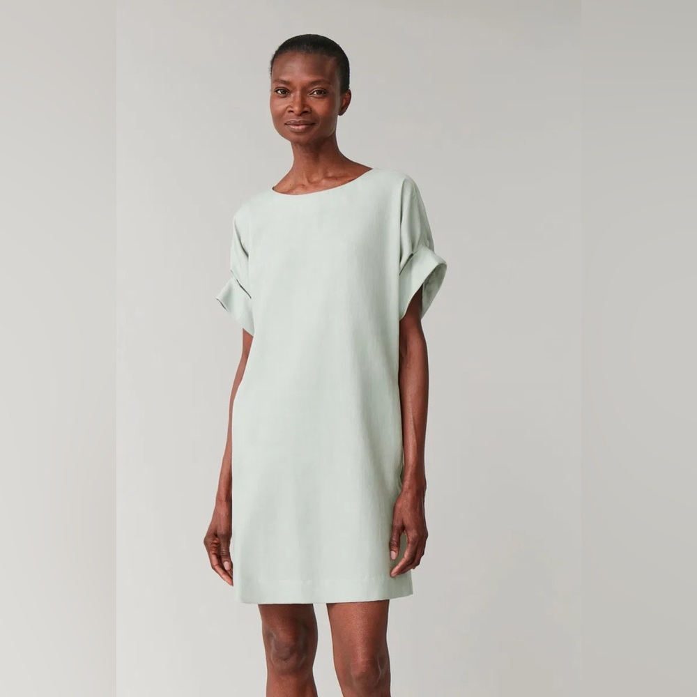 COS Roll-Sleeved Mini Dress with Pockets – Light Sage Green – Cotton – XS